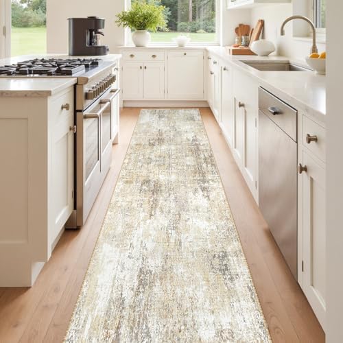 RELEANY Washable Runner 2'x8' Abstract Area Rug for Hallway Neutral Brown by RELEANY