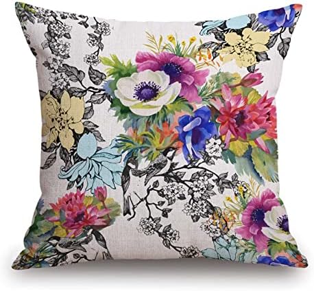 TSSOHU Throw Pillow Cover Vivid Colorful Garden Print Blossoming Wildflowers Birds Leaves Branches Decorative Throw Pillow Case Square 18" x 18" Home Couch Bed Pillowcase by TSSOHU