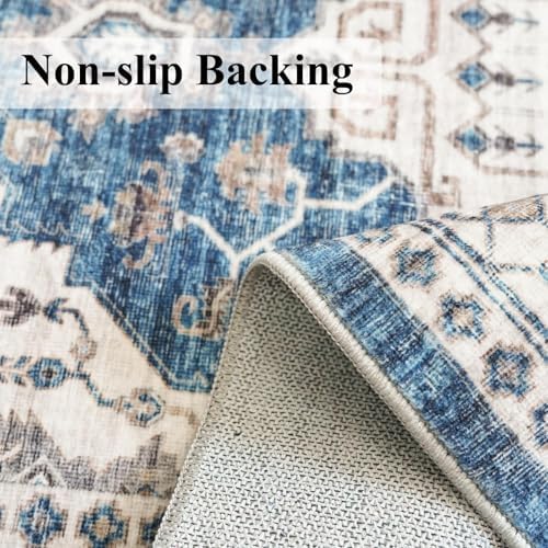 Washable 4x8 Hallway Runner Rug: Vintage 8ft Soft Runners for Entry Kitchen Wide Low Pile Carpet with Non-Slip Backing for Living Room Bedroom Thin Bathroom Carpet for Dining Room Foyer（4x8,Blue - Image 3
