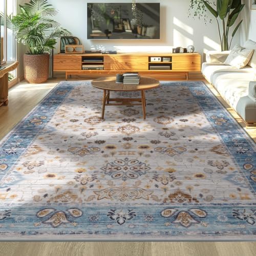 Hanples 5x8 Area Rugs for Living Room, Washable Rug Vintage Floral, Blue - Image 5