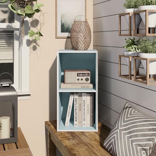 Homes: Inside + Out Apexa 2-Cube Storage Organizer Shelves, Stackable Wood Bookcase Fits Cubby Bins for Organization, Dorm Teen Room Decor & Home Office, Light Blue - Image 2