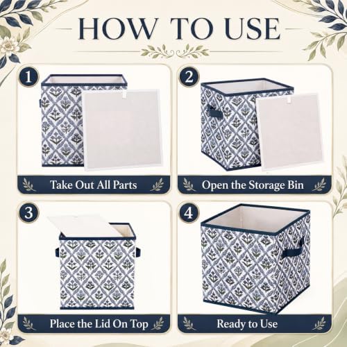 Bokon 6 Pcs 11'' Green Blue Block Print Storage Bins Cube with Handles - Image 3
