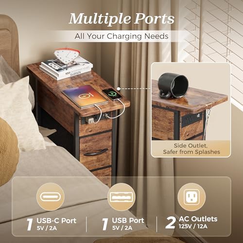 Huuger Narrow End Table with Charging Station, Side Table with 2 Drawers - Image 5