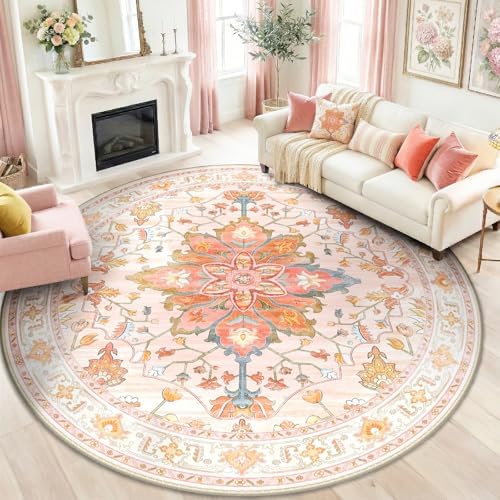 RELEANY Washable Area Rug, Round 8ft, Pink/Light Pink/Colorful by RELEANY