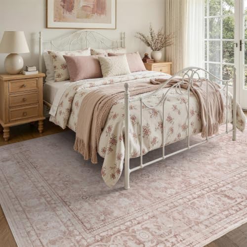 5x7 Ft Area Rugs for Living Room, Soft Non-Slip Machine Washable Rug, Vintage Stain Resistant Carpets for Bedroom Nursery Dining Room Home Decor (Grey Pink) - Image 4