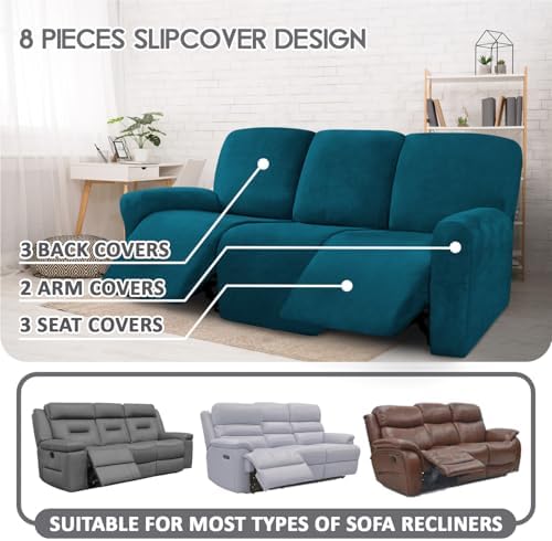 ULTICOR Velvet 8-Pieces Recliner Sofa Covers Stretch Reclining Couch Covers for 3 Cushion Reclining Sofa Slipcovers Furniture Covers Thick Soft Washable (3 Seater Recliner Cover, Deep Teal) - Image 2
