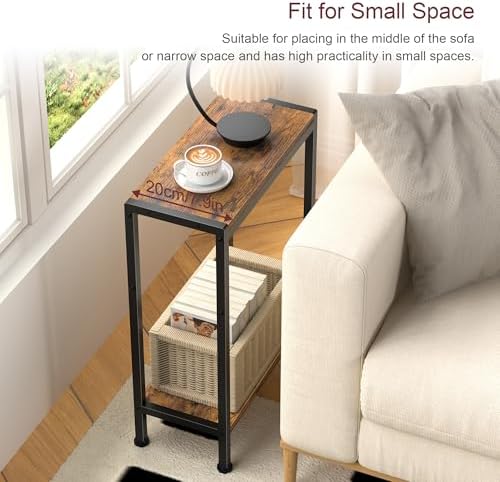 Narrow Side Table for Small Space, 2-Tier Slim End Table, Thin Nightstand, Skinny Snack Couch Table, Sofa Bedside Table in Living Room, Bedroom, Study, Kitchen and Balcony (Rustic Brown) - Image 4