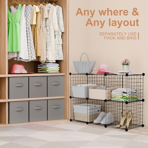 Leinuosen 6 Cube Storage Organizer with 6 Foldable Fabric Storage Bins, Metal Wire Grid Shelves, Stackable Modular Closet Organizer for Bedroom Living Room Office Toys Books(Black,Gray) - Image 5