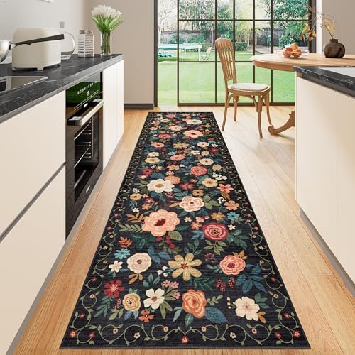 DUKINO 2x10 Runner Rug, Floral Washable Kitchen Runner Rug Non Slip, Black by DUKINO
