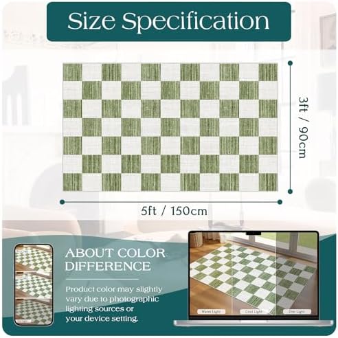 Green White Checkered Entry Rug - 3x5 Non-Slip Indoor Outdoor Rugs - Image 6