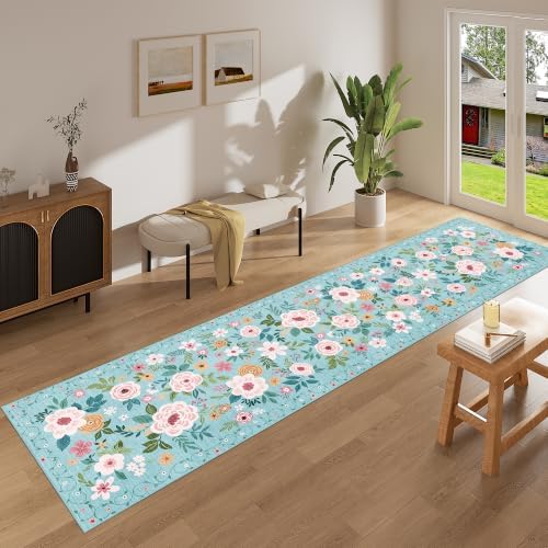 DUKINO 2x10 Runner Rug, Floral Washable Kitchen Runner Rug Non Slip, Teal - Image 3