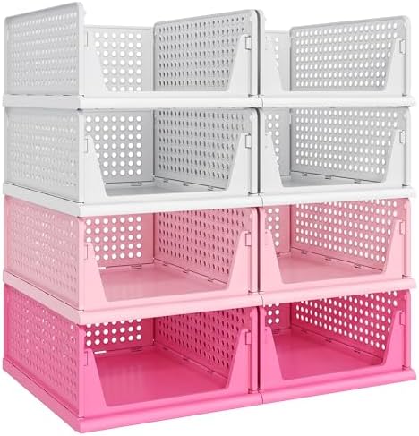 Pink Girl Closet Organizers and Storage Stackable Plastic Drawer Basket for Clothing Stackable Storage Bins Shelf Storage Container for RV Closet Wardrobe Bedroom Bathroom Playroom 8 Pack by Pinkpum