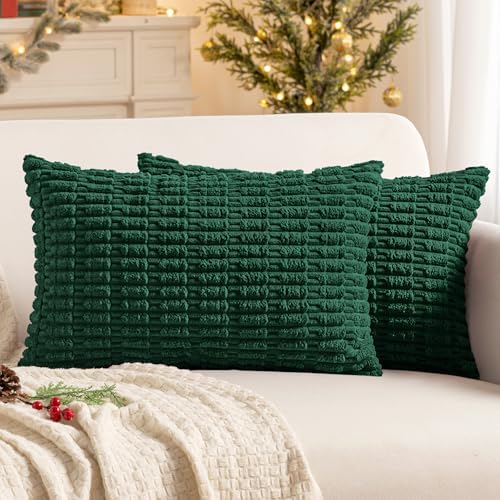 MIULEE Pack of 2 Dark Green Corduroy Decorative Christmas Pillow Covers 12x20 Inch Soft Boho Striped Throw Pillow Covers Modern Farmhouse Home Decor for Sofa Living Room Couch Bed by MIULEE