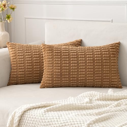 MIULEE Lumbar Corduroy Decorative Throw Pillow Covers 12x20 Brown Pack of 2 by MIULEE