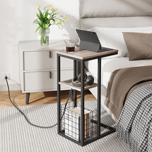 Vagusicc C Shaped End Table with Charging Station, Side Table for Couch, Small Side End Table for Small Spaces, 28" High Slide Under Sofa Table for Coffee, Tv Tray Table for Living Room, Greige - Image 6