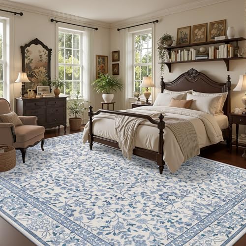 8x10 Area Rug Living Room: Soft Floral Washable Boho Carpet Blue - Image 3