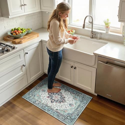 RELEANY Washable Area Rug, Small 2'x3', Teal Green/White/Navy - Image 2