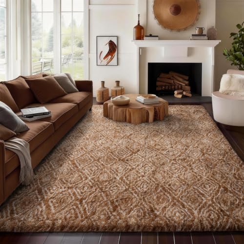 Ophanie 8x10 Brown and White Diamond Striped Rugs for Living Room,Large Fluffy Shag Fuzzy Plush Soft Carpets,Shaggy Rug for Bedroom,Carpet for Kids Boys Girls Dorm Decor with Over 99 pcs Pile fibers - Image 3