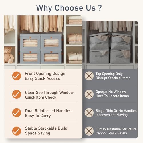 DIMJ Storage Bins with Lids - 6 Pack Front Opening Stackable Fabric Storage Boxes with Clear Window & Handles, Collapsible Closet Organizers for Clothes, Sweaters, Shelf Storage, Bedroom, Gray - Image 3