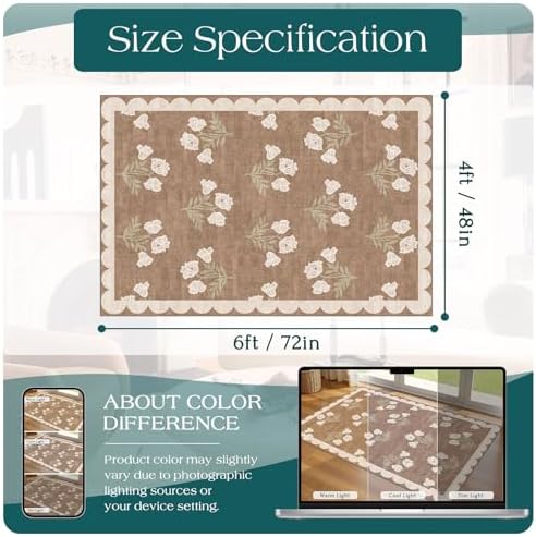 4x6 Covered Outdoor Patio Rug - Washable Front Door Mat Entry Rug Non-Slip Large Doormat Tan Brown Cottage Farmhouse Scalloped Area Rugs for Living Room Entryway Foyer Double Door Porch Decor - Image 7