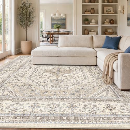 Puino 12x12 Square Washable Area Rug - Non-Slip Living Room Rugs Beige Gray by Puino
