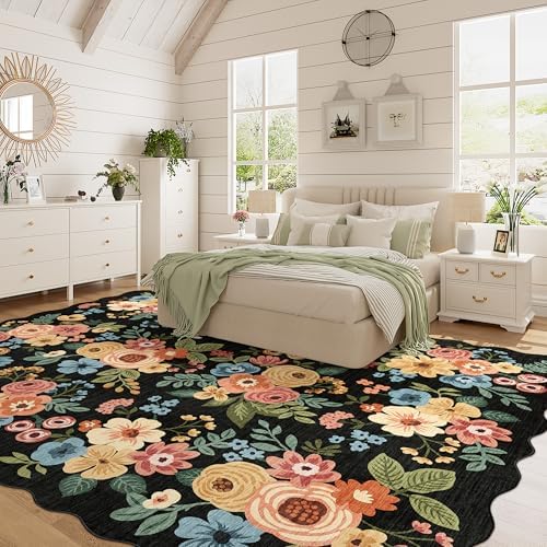 DUKINO 8x10 Area Rug for Living Room, Floral Washable Rug Non Slip, Black - Image 3