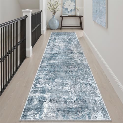 Soalmost Abstract Runner Rug 2x8 Washable Hallway Kitchen Runners Blue/Grey - Image 2