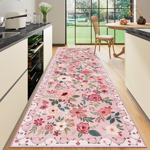 DUKINO 3x10 Runner Rug, Floral Washable Kitchen Runner Rug Non Slip, Pink by DUKINO