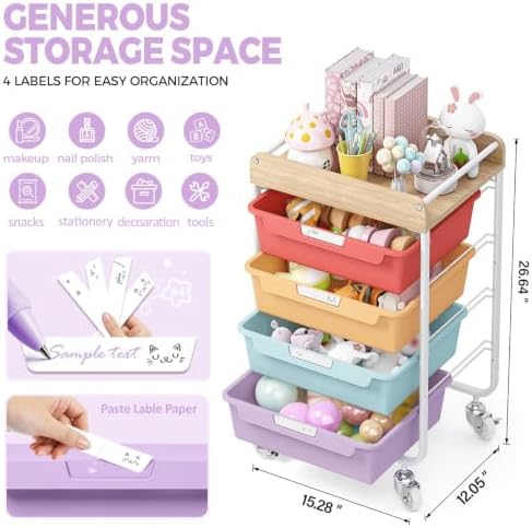 SYKIARIOL Rolling Craft Storage Cart with 4 Drawers,Art Cart,Jelly Color - Image 3
