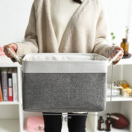 TheWarmHome Organization and Storage Basket for Organizing - 3 Pack 16x12x12 inch Cube Storage Bin Fabric Storage Cubes for Organizer Cloth Gift Toy Closet (White & Grey) - Image 5