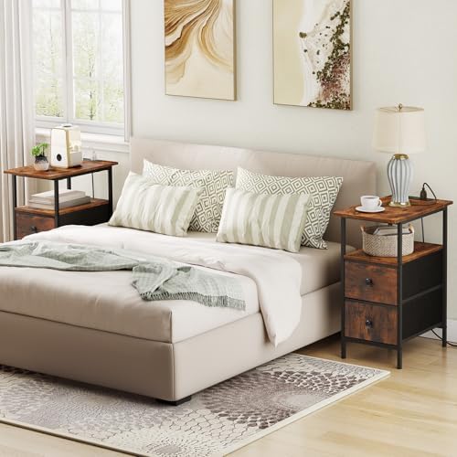 HOOBRO End Table with Charging Station, Set of 2 Narrow Side Tables, Nightstand with 2 Non-Woven Drawers, Slim Sofa Table, for Small Spaces, Living Room, Bedroom, Rustic Brown and Black BF486UBZP201 - Image 6