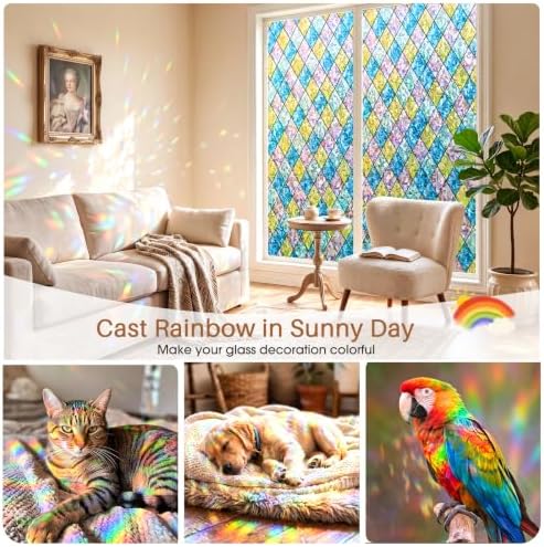 Sunbaby Stained Glass Winodw Film, Rainbow Lattice Stickers, 23.6"x78.7" - Image 2