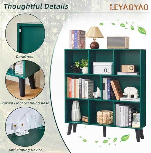 LEYAOYAO 8 Cube Bookshelf,Mid-Century Modern Bookcase with Legs,Dark Green - Image 4