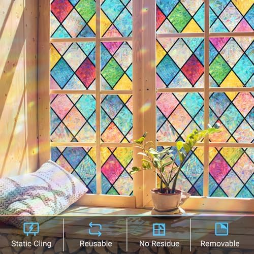 Haton Stained Glass Window Film, Rainbow Lattice Stickers, 23.6" x 118.1" - Image 4