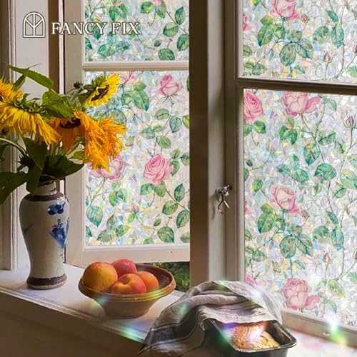 Retro Flowers Window Privacy Film, Magnolia Stained Glass Decorative Window Film for Glass, Rainbow Stained Window Cling Sticker Floral Removable Static Cling for Window (1, Roses, 17x157.5in) - Image 4