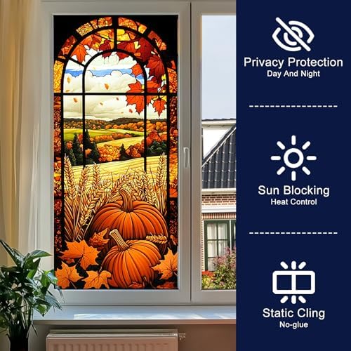 HOMETITUTE Autumn Pumpkin Harvest Privacy Window Cling 17.7x39.3 PVC - Image 2