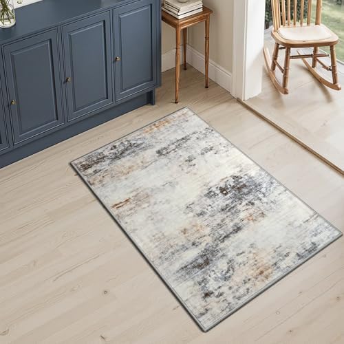 Toneed Washable 2x3 Grey/Brown Area Rug with Non-Slip Backing for Entryway - Image 4