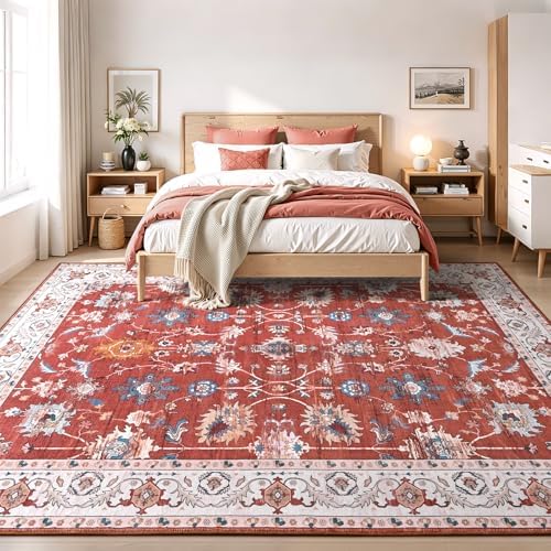 Hanples 9x12 Area Rugs for Living Room, Washable Rug Vintage Floral, Red - Image 2