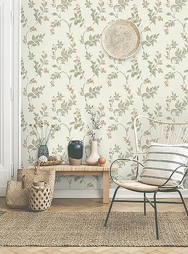 Vinjiasin Peel and Stick Wallpaper Beige Floral Contact Paper Vintage Flower Leaf Self Adhesive Removable Wall Paper for Bathroom Bedroom Livingroom 16.1"x 118" - Image 3