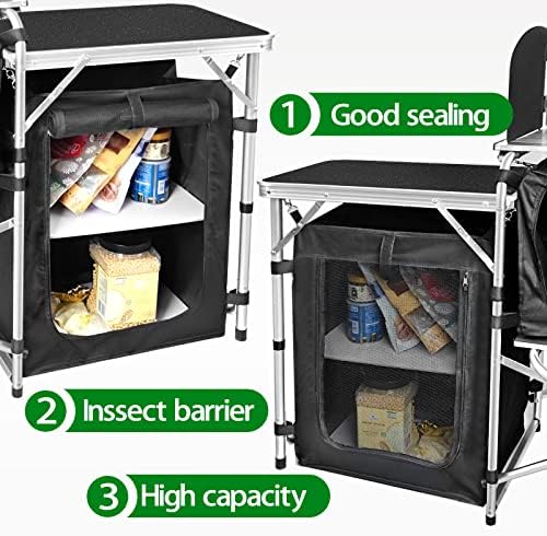 CampLand Folding Camping Kitchen Table with Windscreen,Portable Outdoor Cooking Station with Storage Cabinet & Side Tables Heavy Duty Camp Cook Station for Camping & BBQ (Black3cabinet) - Image 5
