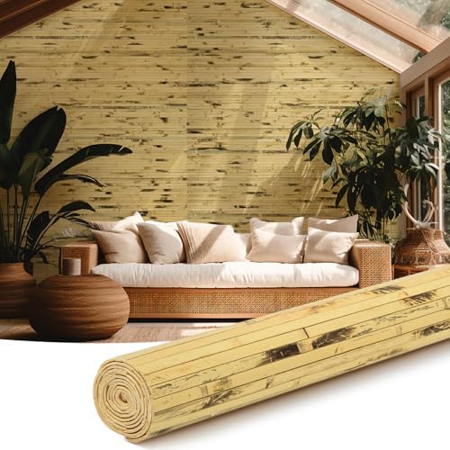 Juexica 1 Pcs Natural Bamboo Wall Panel for Interior Wall 48''x96'' Bamboo Covering Renewable Pole Wainscoting Room Divider Wrap Decor for Bedroom Living Room Kitchen Island Office (Light Burned) by Juexica