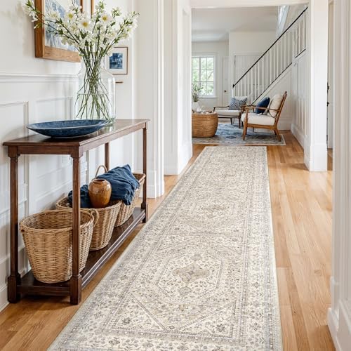 3x14 Washable Hallway Runner Rug - Non-Slip Vintage Kitchen Rugs Beige Gray - Image 2
