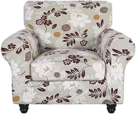 SearchI Stretch Sofa Cover Printed Couch Covers, Floral Pattern 2 Piece Armchair Slipcover with Separate Chair Cushion Cover, Washable Furniture Protector for Living Room(Armchair, Brown Flowers) by SearchI