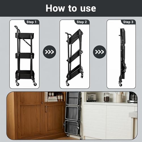 Amatic 3 Tier Foldable Rolling Cart with Wheels, Folding Utility Cart Organizer, Collapsible Rolling Storage Cart with 3 Hanging Cups & 6 Hooks for Kitchen, Office, Nursery(Black) - Image 5