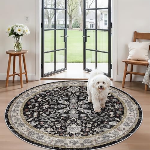 6ft Round Kitchen Rug Washable - Non-Slip Soft Low Pile Circle Area Rug for Under Table Living Room Dining Room Bedroom – Boho Floral Circular Floor Indoor Carpe (Black,6x6) - Image 4
