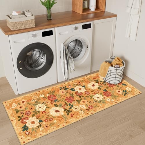 DUKINO 2x5 Runner Rug, Floral Washable Rug for Kitchen Non Slip, Orange - Image 6