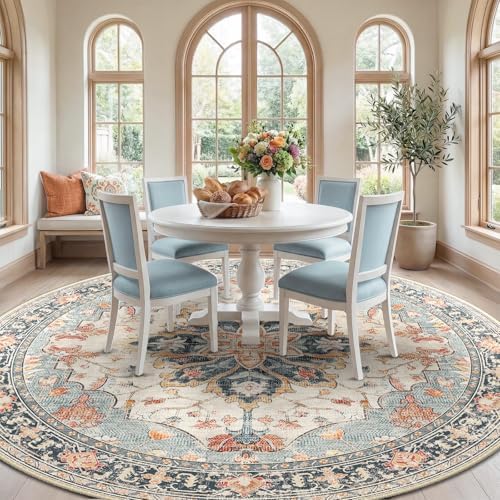 RELEANY Washable Area Rug, Round 8ft, Beige/Blue/Orange - Image 2