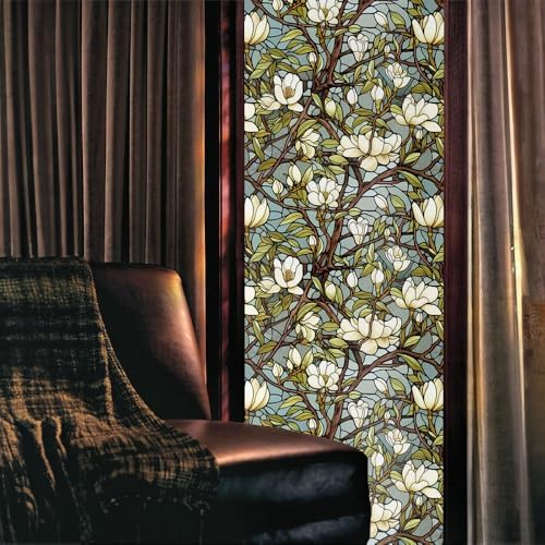 White Magnolia Floral Tree Green Leaf Vintage Stained Glass Window Films Decorative Double-Side Privacy Film Self-Adhesive Static Clings for Living Room Bathroom Glass Windows Decor - Image 2