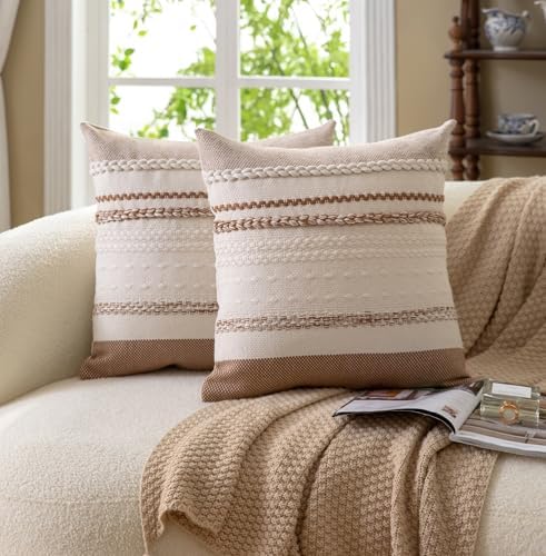 Cethom Boho Throw Pillow Covers 20x20 Inch Set of 2, Brown Textured Decorative Couch Pillow Cases for Farmhouse Home Decor, Accent Cushion Cover for Sofa, Bed, Living Room, Bedroom - Image 2