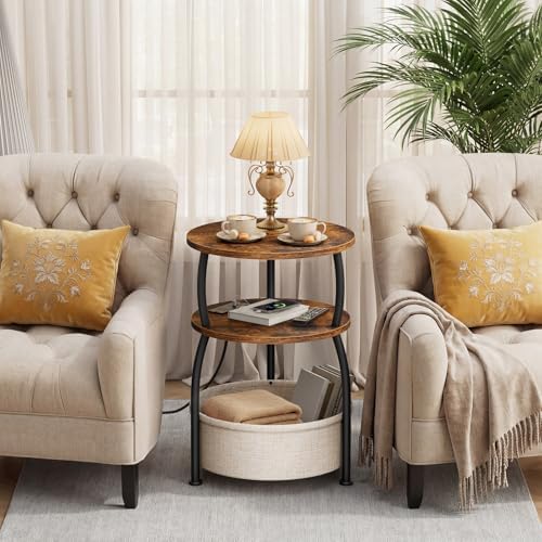 Round Side Table with Charging Station, USB Type C Port, Brown - Image 6